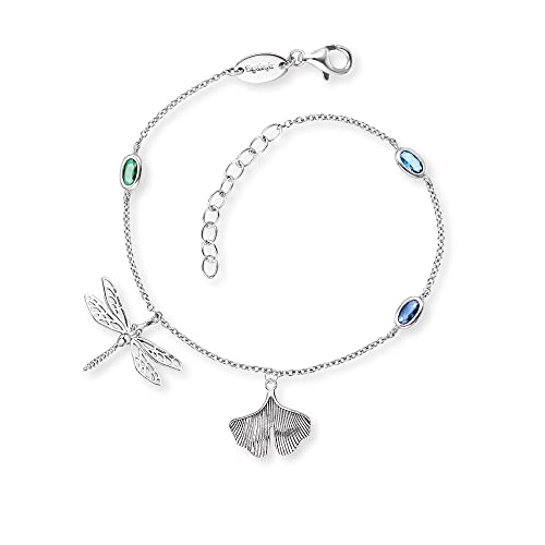 Engelsrufer Armband aus Sterlingsilber mit Libellen und Ginkgo Anhänger in den Farben Silber-Grün-Blau, Länge: 17cm + 3cm, ERB-JOYNATURE-ZIM von Engelsrufer