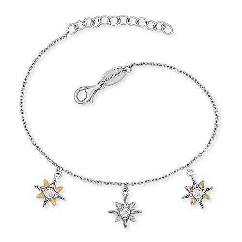 Engelsrufer Damen Armband Tricolor aus Sterling Silber mit drei Sternen Anhängern in silber gold roségold - besetzt mit 15 Zirkonia Steinen - Karabinerverschluss - in drei Längen verstellbar von Engelsrufer