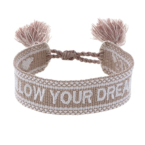 Engelsrufer Damen Armband aus Polyester und Baumwolle in beige weiß mit FOLLOW YOUR DREAMS Stickerei - Kordelverschluss - größenverstellbar von Engelsrufer