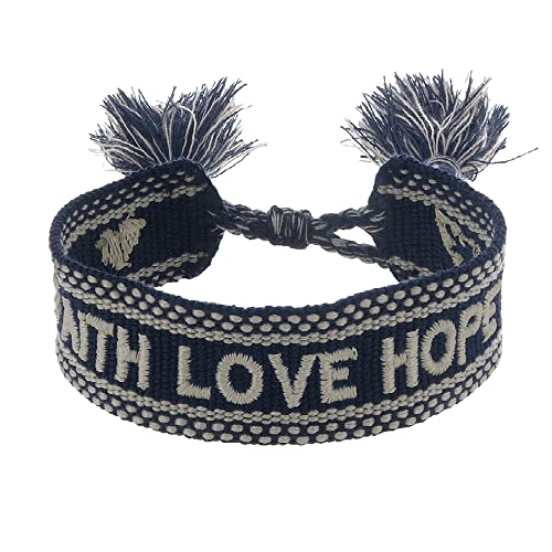 Engelsrufer Damen Armband aus Polyester und Baumwolle in schwarz beige mit FAITH LOVE HOPE Stickerei - Kordelverschluss - größenverstellbar von Engelsrufer