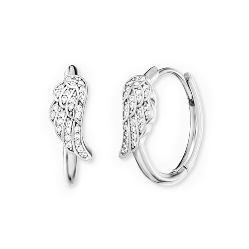 Engelsrufer Damen Creolen mit Engelsflügel aus Sterling Silber in silber- besetzt mit 56 weißen Zirkonia Steinen - Clipverschluss - nickelfrei von Engelsrufer