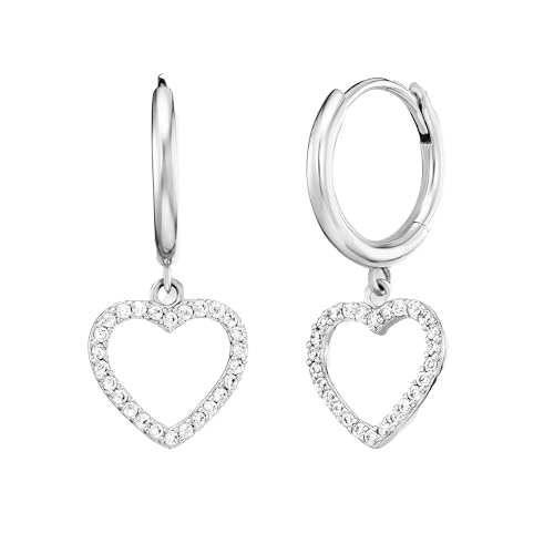 Engelsrufer Damen Creolen mit Herzanhänger aus Sterling Silber in silber - besetzt mit 48 weißen Zirkonia Steinen - Clipverschluss - nickelfrei von Engelsrufer