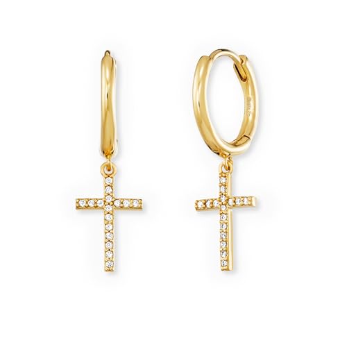 Engelsrufer Damen Creolen mit Kreuzahänger aus vergoldetem Sterling Silber - besetzt mit 32 weißen Zirkonia Steinen - Clipverschluss - nickelfrei von Engelsrufer