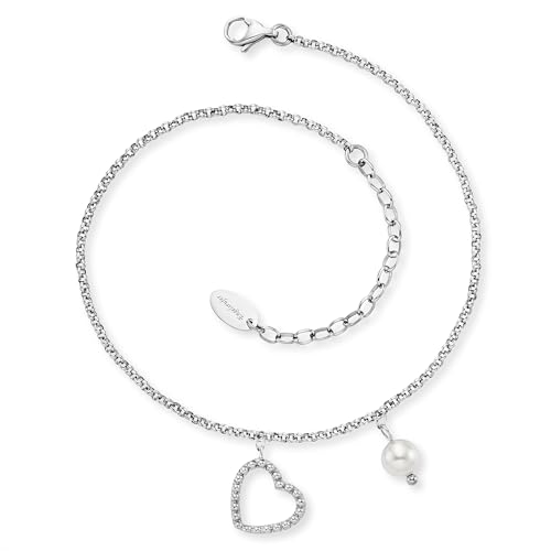 Engelsrufer Damen Fußkettchen aus Sterling Silber mit Herz Anhänger und Perle - Karabinerverschluss - in zwei Längen verstellbar - nickelfrei - Größe: 22+5cm von Engelsrufer