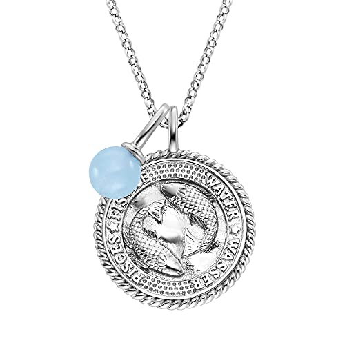 Engelsrufer Damen Halskette aus Sterling Silber und Sternzeichen Fisch Anhänger - besetzt mit 5 Zirkonia Steinen und einem Blauer Achat Stein Anhänger - Länge: 50cm von Engelsrufer