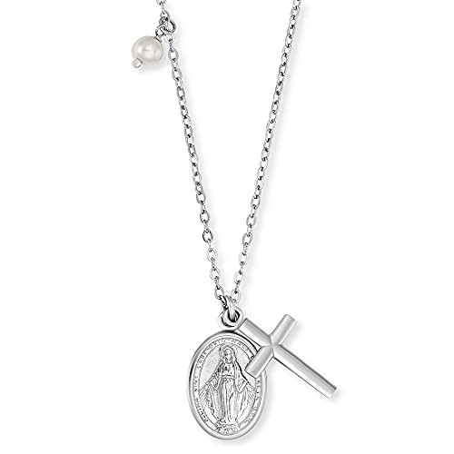 Engelsrufer Damen Halskette aus Sterling Silber mit Kreuz und Maria Symbol und Muschelperlen Anhänger - Karabinerverschluss - in zwei Längen verstellbar - nickelfrei von Engelsrufer