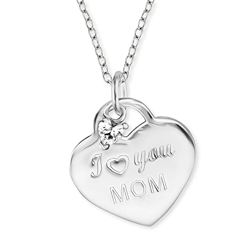 Engelsrufer Damen Halskette aus Sterling Silber und Herz Anhänger - I Love You Mom Inschrift - besetzt mit einem Zirkonia Stein - Karabinerverschluss - in zwei Längen verstellbar - Länge: 44cm von Engelsrufer