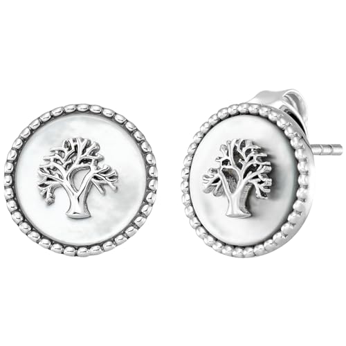 Engelsrufer Damen Ohrstecker aus Sterling Silber mit Lebensbaum in Silber auf weissem Perlmutt, nickelfrei, Größe: 12mm, ERE-LILTREE-PE von Engelsrufer