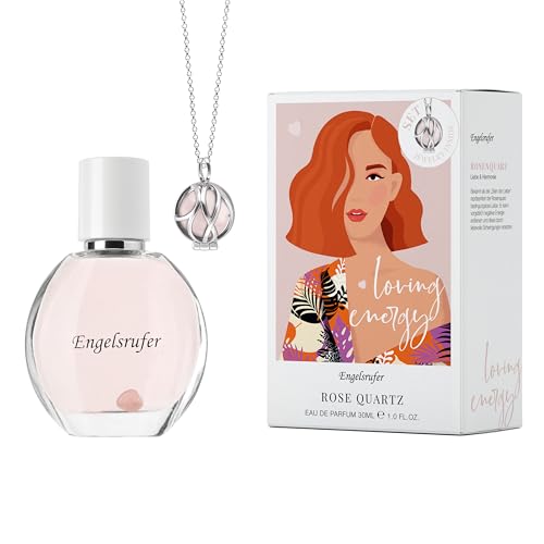Engelsrufer Powerful Stone Duftset Damen – Eau de Parfum 30ml Loving Energy & Paradise Halskette mit echtem Rosenquarz aus Edelstahl IP Rhodium – Geschenk Frauen von Engelsrufer
