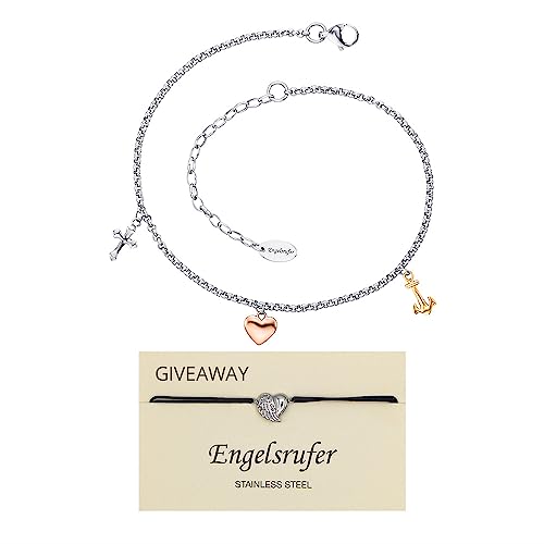 Engelsrufer Set Fußkettchen Glaube Liebe Hoffnung für Damen aus Edelstahl, Tricolor, Karabinerverschluss inkl. Armband Herzflügel aus Edelstahl, Größenverstellbar, SET ERFS-FLH-TRI + ERJC-HEARTWING von Engelsrufer