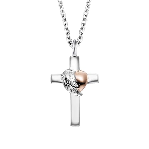 Engelsrufer Damen Halskette aus Sterling Silber mit Kreuz und Herzflügel Anhänger, Bicolor, verstellbar, Länge 44 cm von Engelsrufer