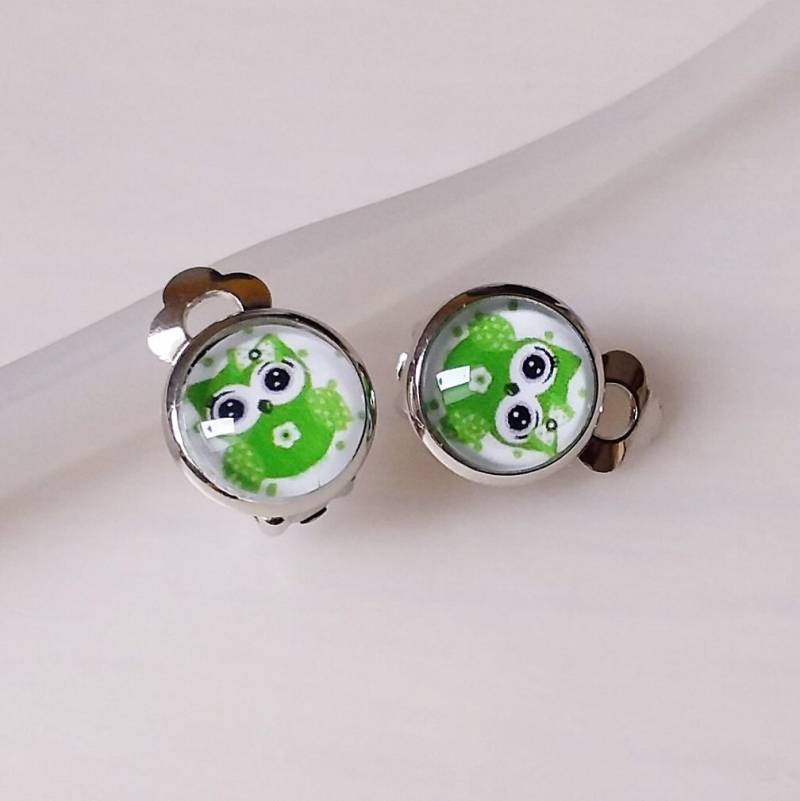 Ohrclips Kinder/ Eule /Owl /Clip Ohrringe Mädchen /Uhu/Grün/ Farbe Silber/ Geschenk von Engelswunsch
