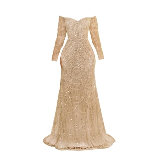 Engerla Lange Ärmel Pailletten Meerjungfrau Abendkleid Schulterfrei Spitze Perlen Ballkleid Brautkleid, Champagner, 42 von Engerla