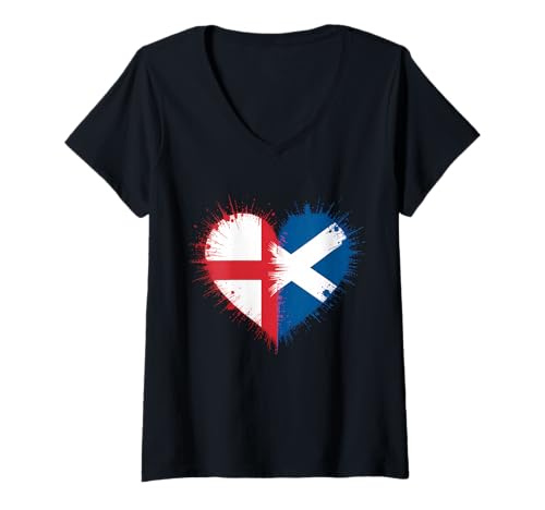 Damen England Flagge Schottland Flagge Pride Herz T-Shirt mit V-Ausschnitt Damen England Flagge Schottland Flagge Pride Herz T-Shirt mit V-Ausschnitt von England Flag English Roots