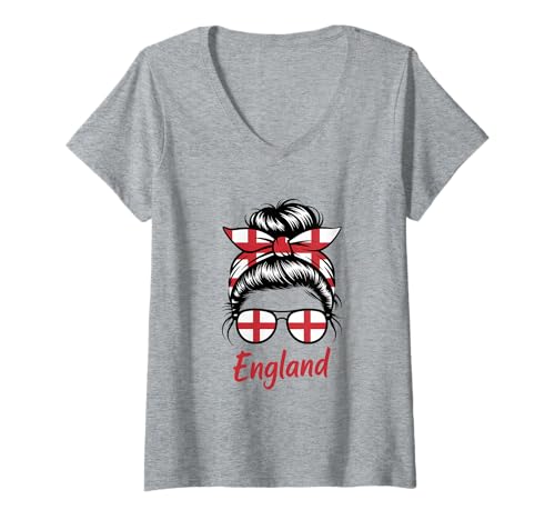 Damen England Messy Bun Girl Woman Pride T-Shirt mit V-Ausschnitt Damen England Messy Bun Girl Woman Pride T-Shirt mit V-Ausschnitt von England Flag English Roots