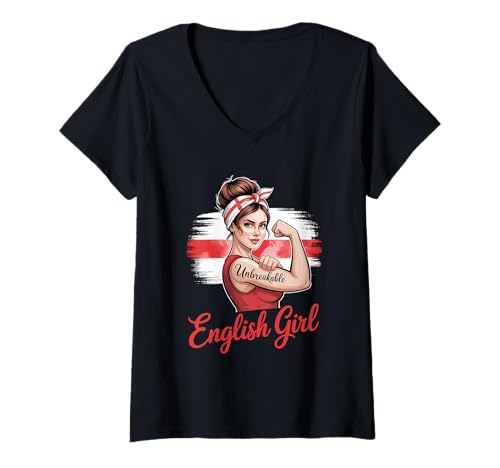 Damen Englische Flagge, unzerbrechlich, Stolz, Starke England-Flagge T-Shirt mit V-Ausschnitt Damen Englische Flagge, unzerbrechlich, Stolz, Starke England-Flagge T-Shirt mit V-Ausschnitt von England Flag English Roots