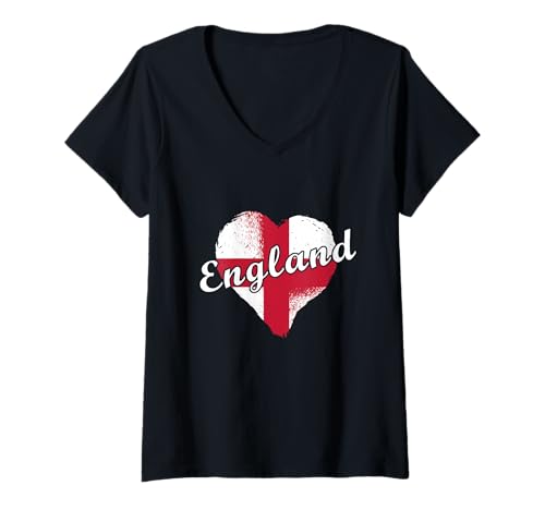 Damen England Flagge Herz UK English Roots Proud Great Britain T-Shirt mit V-Ausschnitt von England Flag UK English Roots Great Britain