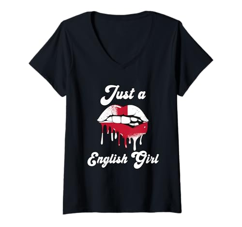 Damen Just A English Girl Lips England Flagge Wurzeln Großbritannien T-Shirt mit V-Ausschnitt von England Flag UK English Roots Great Britain