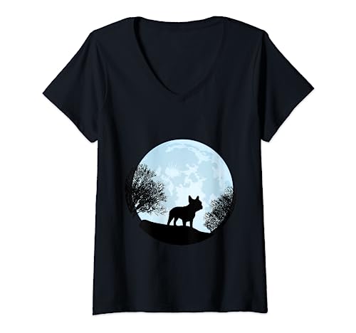 Damen Französische Bulldogge Liebe - Mond Silhouette Frenchie Mama T-Shirt mit V-Ausschnitt von Englische Dogge Geschenk Geburtstag & Weihnachten