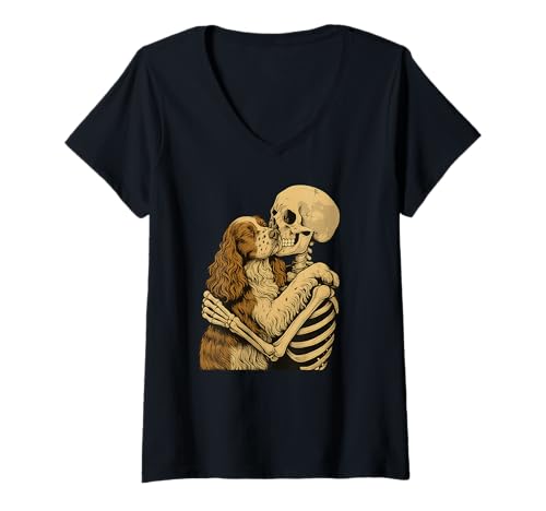 Damen Skelett umarmt englischer Springer Spaniel Dog Halloween T-Shirt mit V-Ausschnitt Damen Skelett umarmt englischer Springer Spaniel Dog Halloween T-Shirt mit V-Ausschnitt von Englische Springer Mutter Messy Bun Tee
