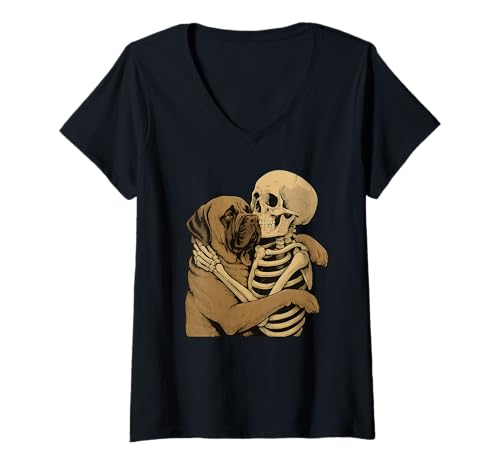 Damen Skelett umarmt englischer Mastiff Hund Halloween T-Shirt mit V-Ausschnitt Damen Skelett umarmt englischer Mastiff Hund Halloween T-Shirt mit V-Ausschnitt von Englischer Mastiff Mutter Messy Bun Hair T -Shirt