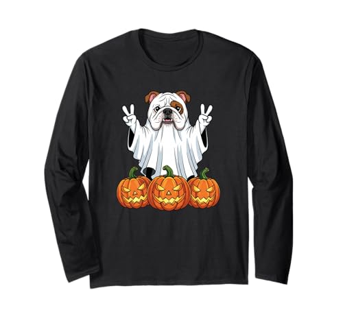 Englische Bulldogge Geist Kürbis Boo Halloween Kinder Herren Damen Langarmshirt von English Bulldog Halloween Ghost Pumpkin Outfits