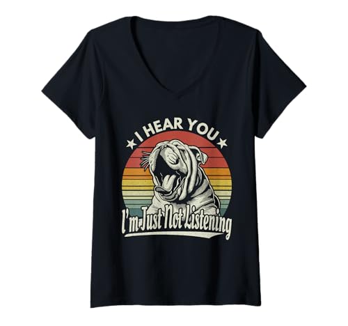 Damen Yawn Bulldog Ich höre Dich, ich höre einfach Nicht Sunset Retro T-Shirt mit V-Ausschnitt von English Bulldog Lover Funny Sleepy Dog Gift Design