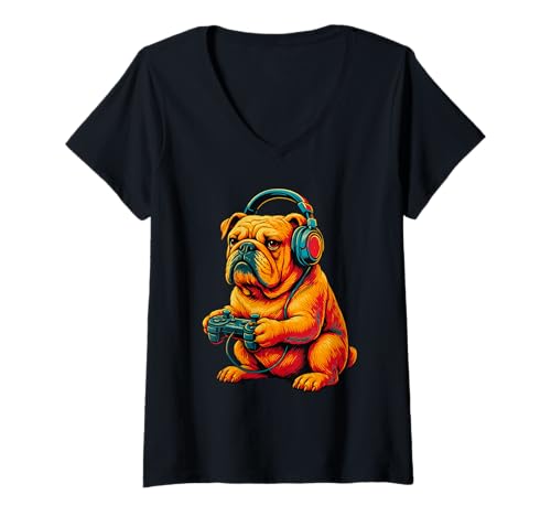 Damen English Bulldog Dog Funny Video Games Gamer T-Shirt mit V-Ausschnitt Damen English Bulldog Dog Funny Video Games Gamer T-Shirt mit V-Ausschnitt von English Bulldog Playing Video Games Gamer Apparel