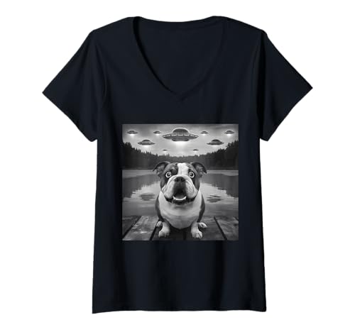 Damen Lustige englische Bulldogge Selfie UFO Alien Raumschiff Hundeliebhaber T-Shirt mit V-Ausschnitt von English Bulldog Puppy Lover PS