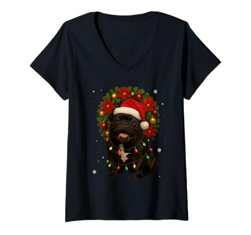 Damen Niedlicher Weihnachtskranz mit englischer Bulldogge T-Shirt mit V-Ausschnitt Damen Niedlicher Weihnachtskranz mit englischer Bulldogge T-Shirt mit V-Ausschnitt von English Bulldog XMAS Animal Mistletoe Wreath
