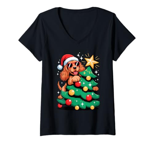Damen Christmas Tree English Cocker Spaniel Sunglasses T-Shirt mit V-Ausschnitt von English Cocker Spaniel Lover Gifts