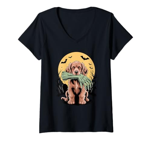 Damen Halloween Mond Zombie Hand English Cocker Spaniel T-Shirt mit V-Ausschnitt von English Cocker Spaniel Lover Gifts