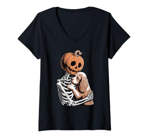 Damen Halloween Skeleton English Cocker Spaniel T-Shirt mit V-Ausschnitt von English Cocker Spaniel Lover Gifts