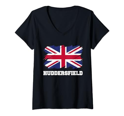 Damen Huddersfield UK, britische Flagge, Union Flag Huddersfield T-Shirt mit V-Ausschnitt von English Flag City England Travel Gifts