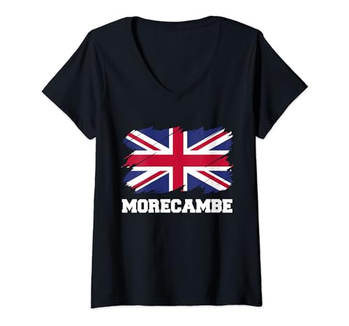 Damen Morecambe UK, britische Flagge, Union-Flagge, Morecambe T-Shirt mit V-Ausschnitt von English Flag City England Travel Gifts