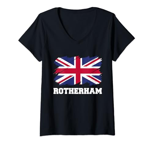 Damen Rotherham Großbritannien, britische Flagge, Union Flagge Rotherham T-Shirt mit V-Ausschnitt von English Flag City England Travel Gifts