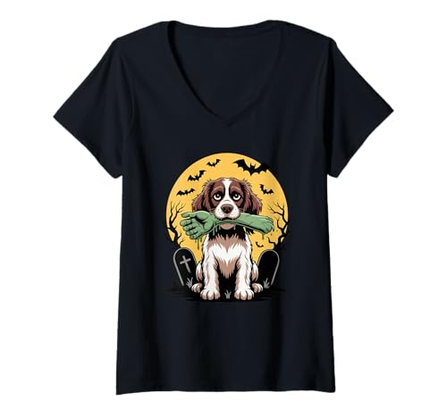 Damen Halloween Mond Zombie English Springer Spaniel Sprocker T-Shirt mit V-Ausschnitt Damen Halloween Mond Zombie English Springer Spaniel Sprocker T-Shirt mit V-Ausschnitt von English Springer Spaniel Gifts