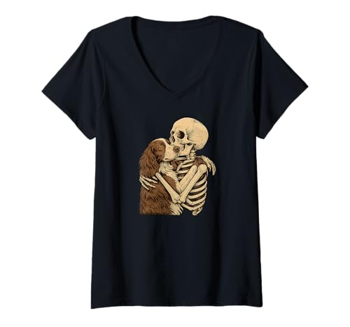Damen Skeleton Hugging English Springer Spaniel Dog Halloween T-Shirt mit V-Ausschnitt Damen Skeleton Hugging English Springer Spaniel Dog Halloween T-Shirt mit V-Ausschnitt von English Springer mom messy bun tee