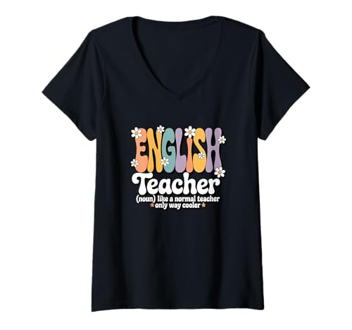 Damen Retro Groovy Englisch Lehrer Schreiben Grammatik Lesen Schule T-Shirt mit V-Ausschnitt von English Teacher Apparel for Women & Men