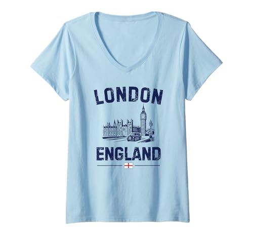 Damen London England Big Ben Westminster Abbey Englische Flagge T-Shirt mit V-Ausschnitt von English Travel Shop London