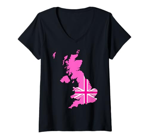 Damen Pink Britische Flagge Union Kingdom Karte in Pink für Damen UK T-Shirt mit V-Ausschnitt Damen Pink Britische Flagge Union Kingdom Karte in Pink für Damen UK T-Shirt mit V-Ausschnitt von English Women Unite Celebrate British Ladies Pink