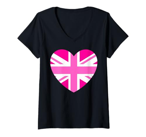 Damen Rosa Britische Flagge Union Jack Herz Rosa Mädchen Damen Frauen T-Shirt mit V-Ausschnitt Damen Rosa Britische Flagge Union Jack Herz Rosa Mädchen Damen Frauen T-Shirt mit V-Ausschnitt von English Women Unite Celebrate British Ladies Pink