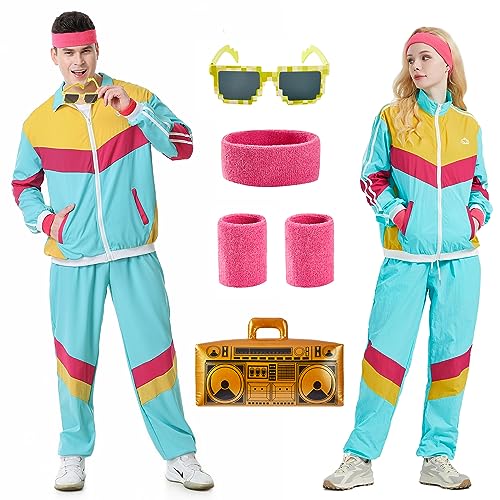 Enhenenhen 80er 90er Jahre Outfit für Herren Damen, 80er Jahre Kostüm Trainingsanzug Damen Retro Jogginganzug, Erwachsene 80er 90er Kostuem Anzug für Karneval von Enhenenhen