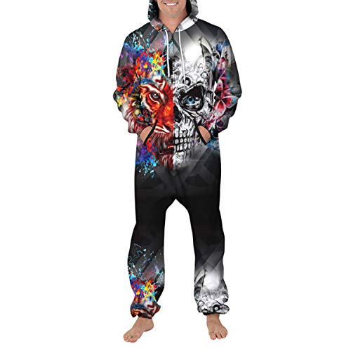 Enhome Herren Jumpsuit Jogger 3D Drucken, Unisex Herren Kapuzenpullover Strampelanzug Onepiece Sweatshirt Männer Strampler Weich Nachtwäsche Fitness Bekleidung (S,Totenkopf Bedruckt) von Enhome