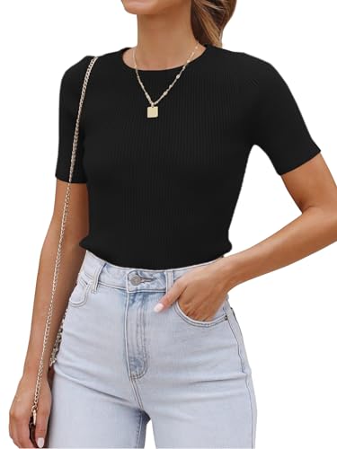 Eniloyal Basic Tshirt Damen Elegant Kurzarm mit Rundhals Ausschnitt Oberteil Business Outfit Eng Shirts Schlanke Passform Schwarz S von Eniloyal