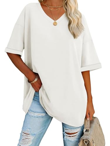 Eniloyal Damen T Shirt Oversize Tshirt V Ausschnitt Kurzarm Basic Oberteil Elegant T-Shirt Sommer Locker Longshirt Luftig Baumwolle Weiß L Eniloyal Damen T Shirt Oversize Tshirt V Ausschnitt Kurzarm Basic Oberteil Elegant T-Shirt Sommer Locker Longshirt Luftig Baumwolle Weiß L von Eniloyal
