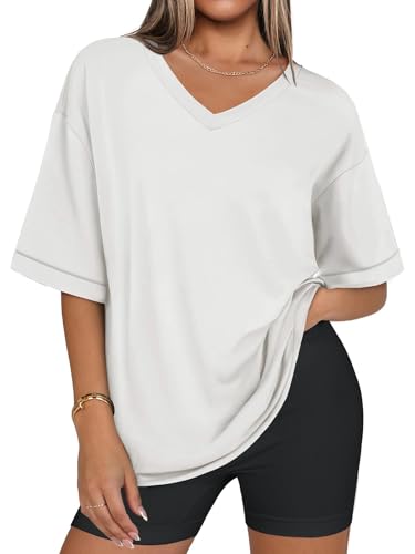 Eniloyal Damen T Shirt Oversize Tshirt V Ausschnitt Kurzarm Basic Oberteil Elegant T-Shirt Sommer Locker Longshirt Luftig Baumwolle Weiß M von Eniloyal