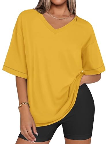 Eniloyal Gelbes Tshirt Damen V Ausschnitt T-Shirt Sommer Oversize T Shirt Kurzarm Basic Oberteile Longshirt Elegant Baumwolle Kurz Lässig Locker Shirt Gelb L von Eniloyal