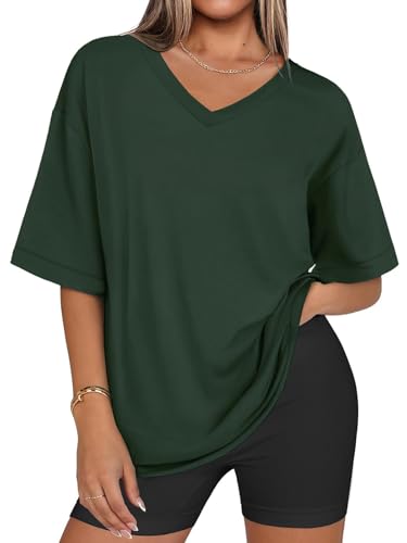 Eniloyal Grünes Tshirt Damen Longshirt Oversize Tshirt Sommer V Ausschnitt Kurzarm T Shirt Basic Shirt Elegant T-Shirts Oberteile Casual Locker Grün XXL von Eniloyal
