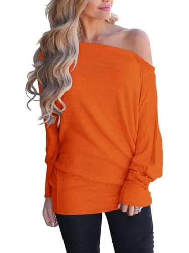 Eniloyal Langarmshirt Damen Baumwolle Shirt Langarm Elegante Oberteile One Shoulder U Boot Lässige Pullover Sweatshirt Locker Herbst Orange XXL von Eniloyal